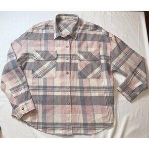 Women’s Impeccable Pig Pink, White & Grey Plaid Flannel Long Sleeve Shirt-Medium